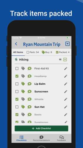 Track items that have been packed or need to be bought